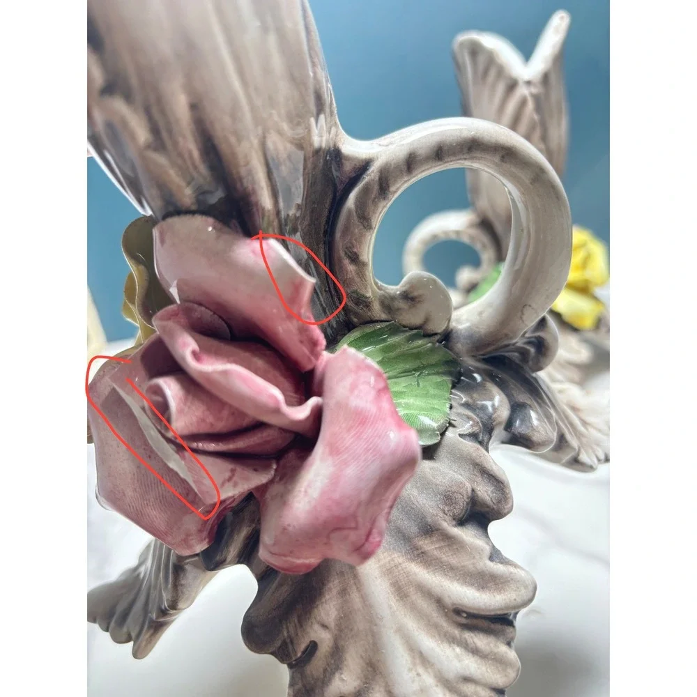 Vintage Capodimonte Italy Ceramic Floral Candlestick Holders Pair 7